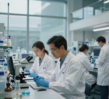 A professional photography shot of a modern, glass-walled research laboratory with diverse scientists working together, International / Global setting, soft natural lighting with Steel Blue and Silver tones.