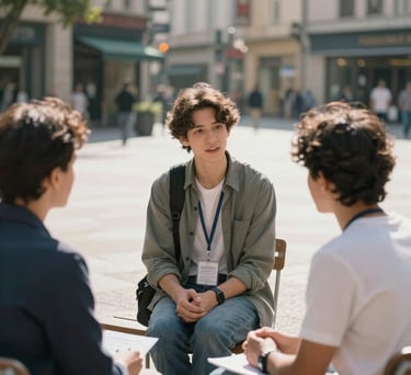 A candid shot of a mentoring session between a professional and a young adult in a sunlit urban plaza, International / Global, bright and inspiring atmosphere.