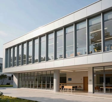 A professional architectural shot of a newly constructed modern school building with large windows and bright interiors, International / Global, bright daylight, Silver and Sand tones.