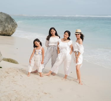 Family in a wide coastal view at Karma Kandara Bali beach  