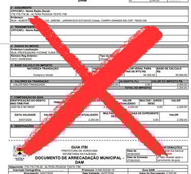Uma guia de ITBI com um X vermelho