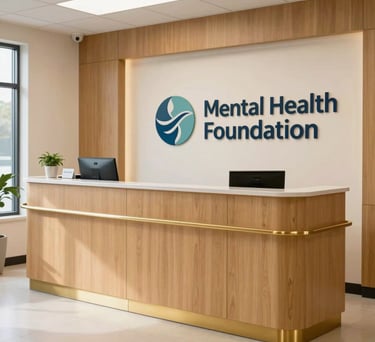 A clean, bright reception area of a mental health foundation, featuring a professional and compassionate atmosphere with gold-toned wood accents, North American / US.