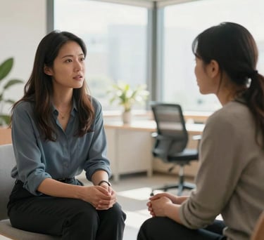 A professional counseling session in a bright, modern North American office, two individuals talking calmly, soft daylight, warm atmosphere.