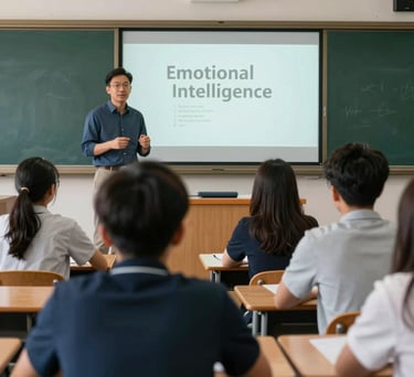 A high-school classroom in North America where a guest speaker is talking to students about emotional intelligence, modern educational setting.