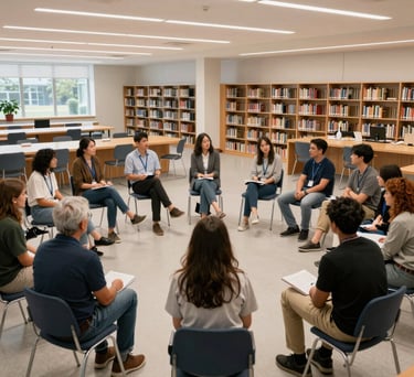 A community workshop in a bright library hall in the US, people sitting in a circle sharing ideas, modern and inclusive environment.