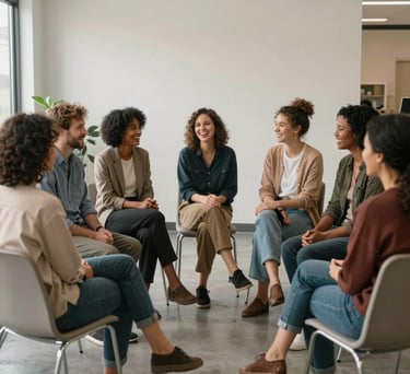 A diverse group of people sitting together in a modern community center in the US, laughing and engaging in a support group meeting.