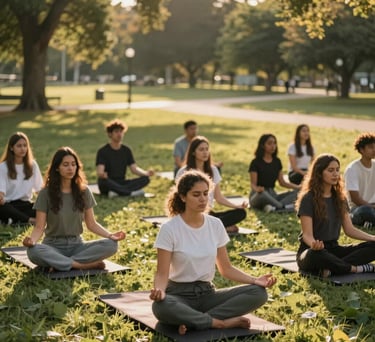 A group of diverse young adults in a North American park, participating in a mindfulness workshop, golden hour lighting, peaceful mood.