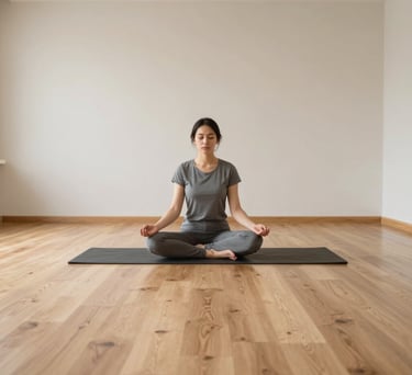 An interior shot of a tranquil meditation room with light wood floors and soft off-white walls, designed for stress management programs in a North American setting.