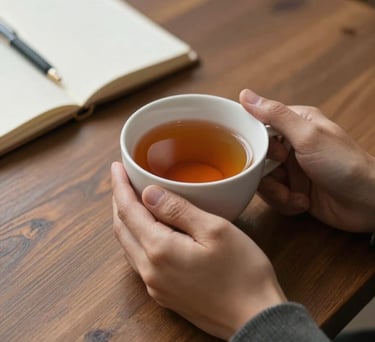 A pair of hands holding a cup of tea on a wooden table, soft focus, notebook and pen nearby, suggesting a safe space for reflection.