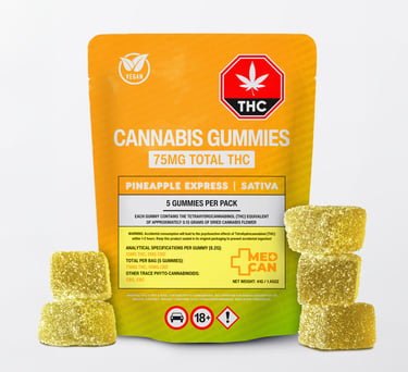 Pineapple Express Sativa cannabis gummies in an orange pouch with sugar-coated THC edibles.
