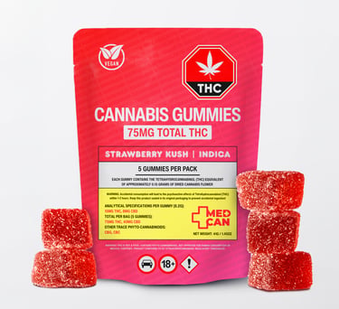 Red Strawberry Kush Indica cannabis gummies in a 75mg THC pouch for medical use.