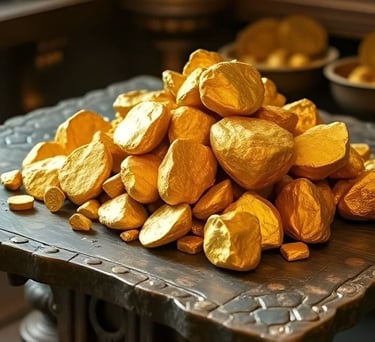 a pile of gold coins sitting on top of a table