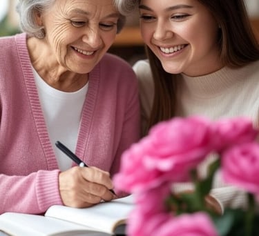 Elderly woman and young woman writing in personal journals together"