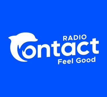 a radio station with a blue background and a white and black logo