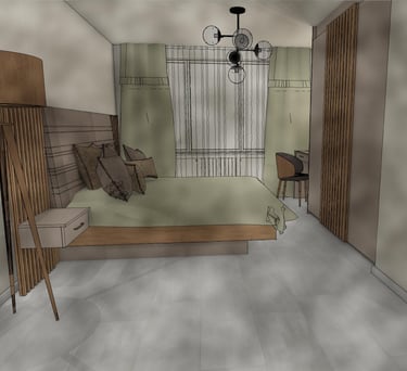 3d visualisation of bedroom furniture - bed, two night stands, wardrobe with sliding doors