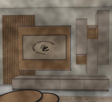 A painting of tv furniture with shelves