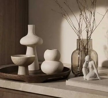 Contemporary Kitchen Décor Still Life – Sculptural Ceramics, Glass Vase & Minimal Styling