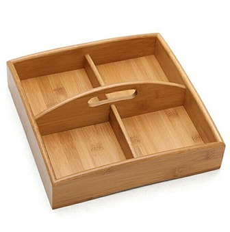 Eco-friendly bamboo desk organizer tray with four compartments and a built-in handle.