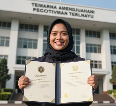A smiling Southeast Asian woman holding her brand's trademark certificate outside a government office building in Jakarta. Sunlight, clear and triumphant atmosphere.