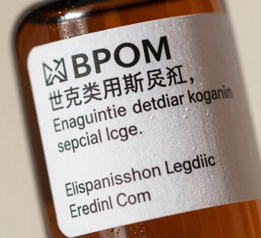 Macro shot of a high-quality product label on a skincare bottle with a clear BPOM registration number visible, symbolizing successful product legalisation.