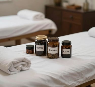 A close-up photograph of a professional traditional therapy room in Indonesia, showing clean, white-covered beds and organized herbal jars, reflecting standardized HATTRA practices.
