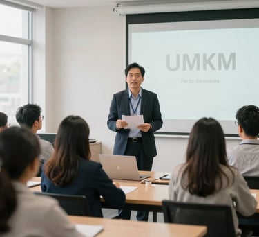 A professional Southeast Asian consultant presenting a legal seminar to a group of attentive UMKM owners in a bright, modern classroom. Soft lighting, professional vibe.