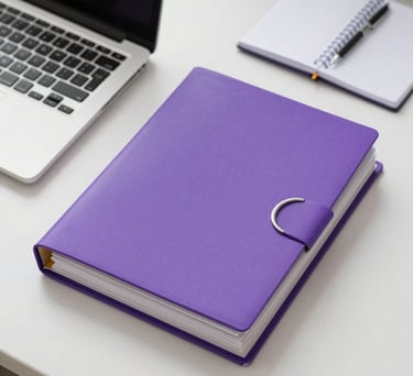 Top-down view of a clean desk with a laptop, a notebook, and a stack of neatly organized legal folders in purple and white colors. Professional aesthetic.
