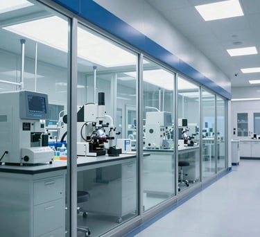 A sterile, futuristic laboratory hallway with large glass panels overlooking specialized research equipment, steel blue accents, bright international clinical style.