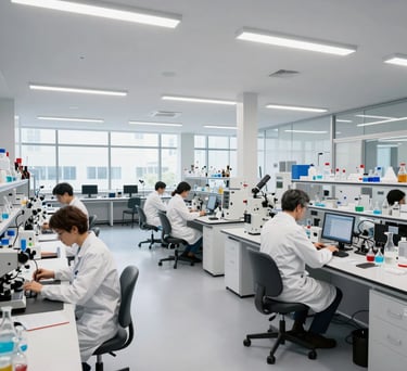 A wide angle shot of a modern, open-concept biotech research lab with scientists working at workstations, bright and airy international office architecture.