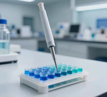 Clean, high-precision photography of a multi-well pipette plate containing vibrant blue and teal solutions on a white laboratory bench. The background is a soft-focus modern research facility in North American / International setting, illuminated by bright, cool clinical lighting.