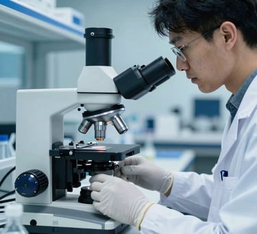 A close-up photograph of a scientist in a white laboratory coat and gloves working with a high-resolution microscopic imaging system. The scene is set in a modern North American / International biotechnology park, featuring deep blue shadows and bright pale cyan highlights.