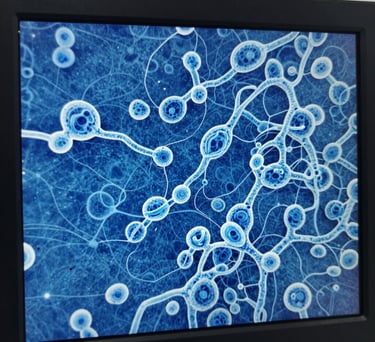 Close-up of a high-resolution microscopic imaging screen displaying complex cellular structures in vibrant steel blue and light blue tones, scientific research environment.