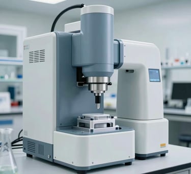 A sophisticated automated liquid handling robot in a bright, modern biotech laboratory in North American style, precision engineering, soft steel blue and off-white colors, bright clean lighting.