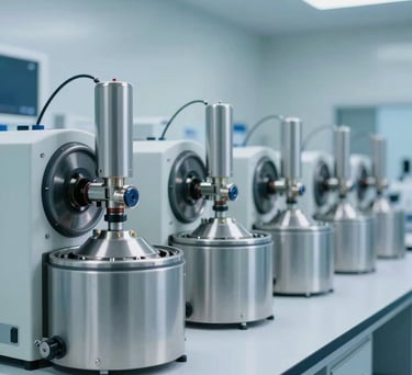An array of high-precision centrifuges in a clean, brightly lit modern molecular biology laboratory, cool white and light blue lighting.