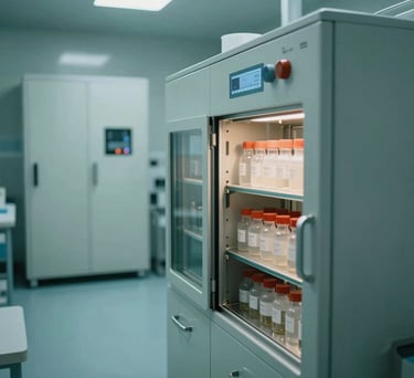 A specialized climate-controlled storage room for biological samples, featuring high-tech industrial design and soft teal lighting.