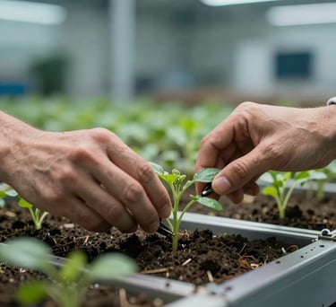 A close-up shot of hands working on a high-tech agricultural project in a North American innovation hub, emphasizing growth and sustainability with soft green and steel blue lighting.