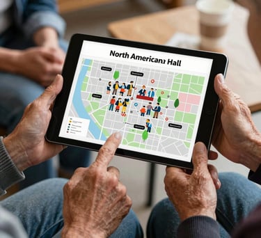 A close-up shot of hands from different generations holding a tablet showing a community map. The setting is a North American town hall, symbolizing civic engagement and leadership.