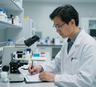 A professional image of a North American researcher in a light-filled lab, working on community health data. The setting is modern and high-tech, using soft blue and white colors to project trust and expertise.