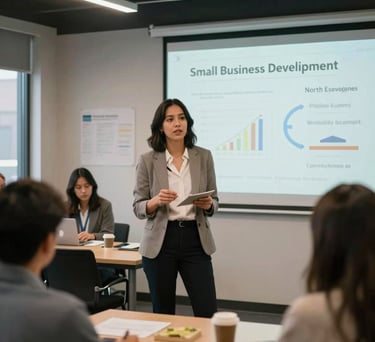 A scene showing a North American female entrepreneur presenting her business plan in a modern incubator space. The composition is dynamic and focuses on empowerment and small business development.