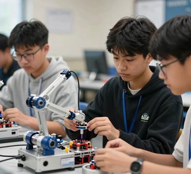 An inspiring image of high school students in a North American classroom using advanced robotics equipment. The lighting is bright and focused, highlighting innovation in education.