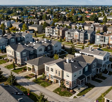 A wide landscape shot of a newly built, sustainable affordable housing complex in a North American suburb. The architecture is modern and integrates with nature, symbolizing long-term community stability.