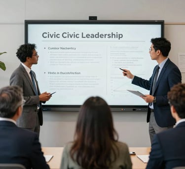 A group of diverse individuals in professional attire collaborating around a digital whiteboard in a North American community space, highlighting civic leadership and strategic planning.