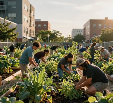 A powerful documentary-style photo of a North American urban community garden project. People are working together in a lush, green space between modern buildings. The lighting is golden hour sun, conveying hope and community strength.