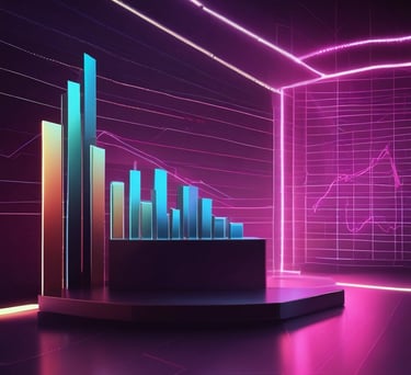 A laptop displaying a graphical design program with multiple small thumbnails on the screen, placed on a desk. Two camera lenses are positioned on either side of the laptop, and the background shows a softly lit room with a large window.