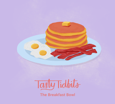 a breakfast bowl with pancakes, bacon, eggs, bacon, bacon, eggs, illustration