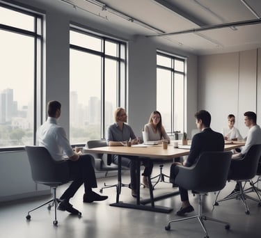 a group of people sitting around a table with a man in a suit and tie