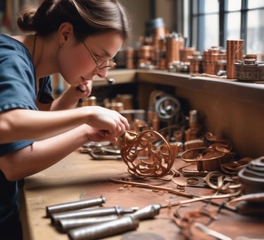Female artisan crafting intricate copper jewelry at a workbench in a Daystar Trade studio.