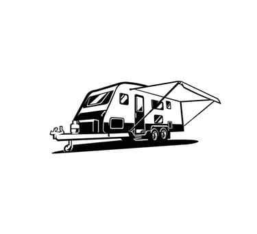 Illustration noir et blanc d’une caravane avec auvent déployé, vue de profil.
