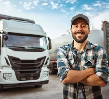 Hombre frente a un camión cruzado de brazos