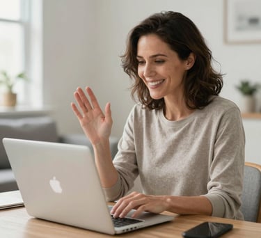 A high-quality photo of a woman in her 40s in a bright Toronto living room, happily engaging in an online video call on her laptop. North American / Canadian lifestyle.